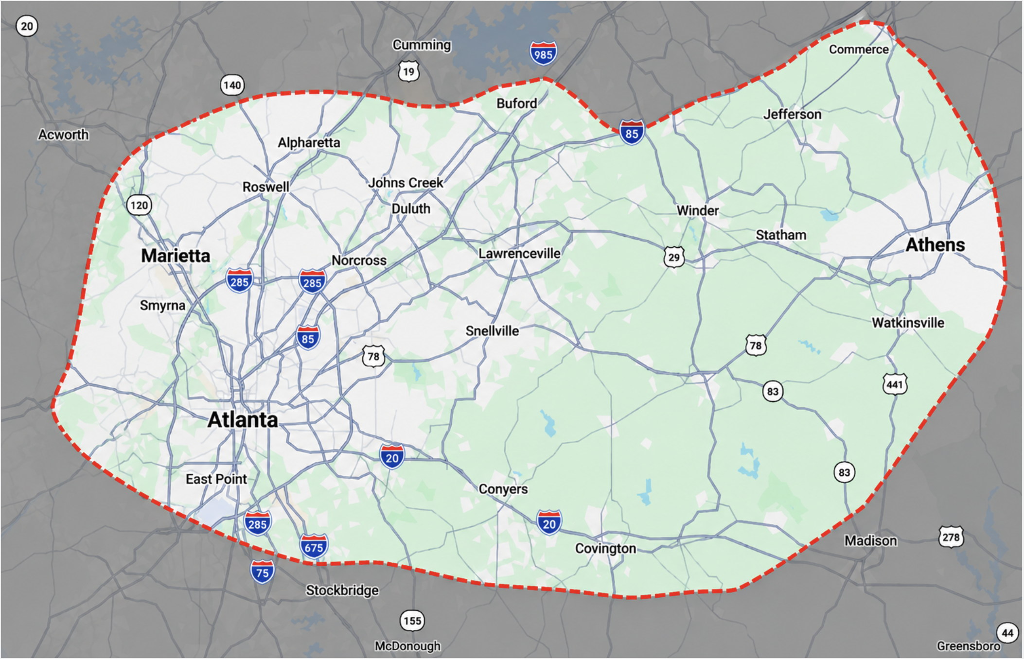 TNT Plumbing service area map showing Metro Atlanta and surrounding communities including Atlanta, Alpharetta, Duluth, Lawrenceville, Athens, Buford, Jefferson, Commerce, Conyers, Covington, and surrounding areas.